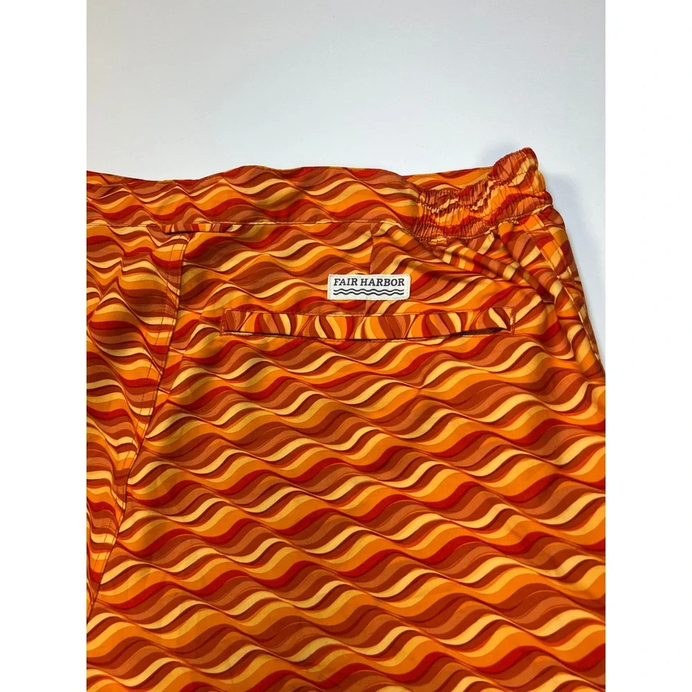 Fair Harbor Sextant Trunk Mens 34 Orange Retro Wave BreezeKnit Liner Swim Shorts